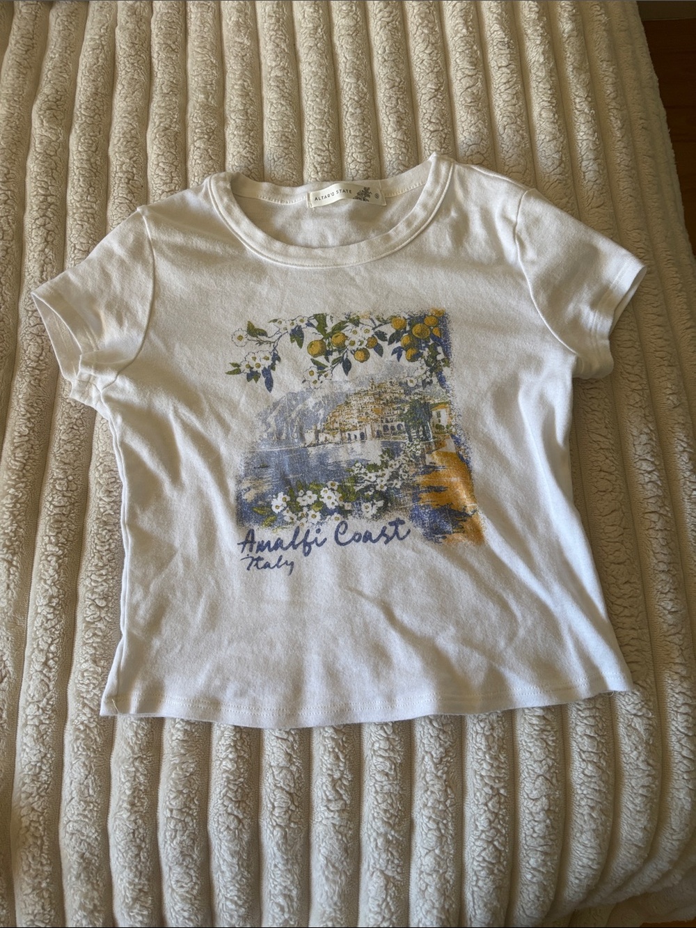 Altar'd State White Tee with Blue and Yellow Amalfi Coast Graphic